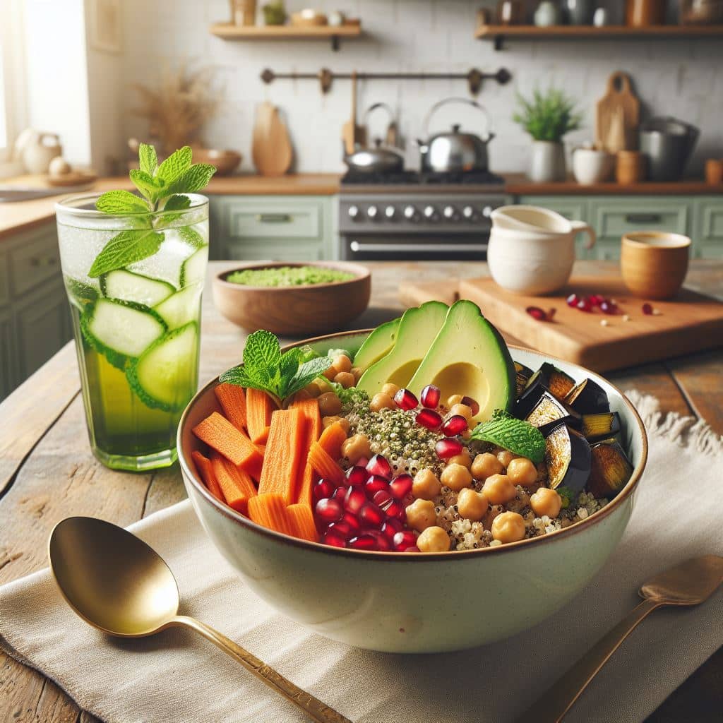 Bowl de quinoa con verduras asadas acompañada de una limonada