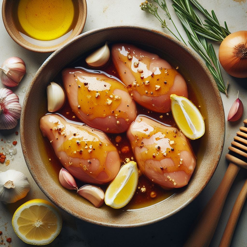 Coloca las pechugas de pollo en la mezcla, asegurándote de que estén bien cubiertas.