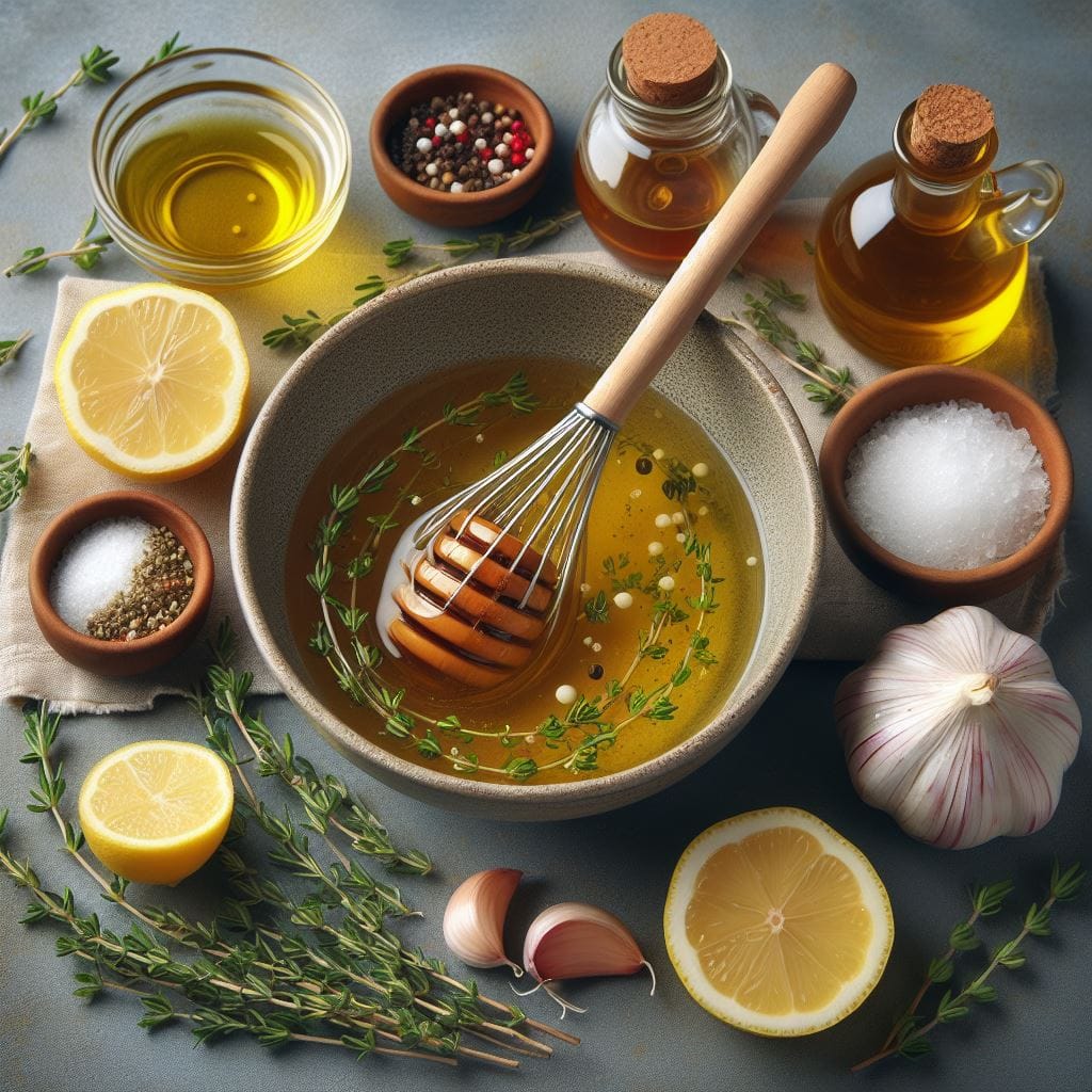 En un bol grande, mezcla la miel, el jugo de limón, el aceite de oliva, el ajo picado, el tomillo, la sal y la pimienta.