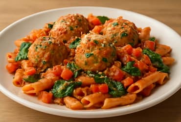 Pasta Primavera en Salsa de Tomate Asado y Albóndigas de Pollo
