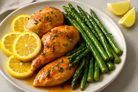 Köstliches Honig-Zitronen-Hühnchen-Rezept mit geröstetem Spargel